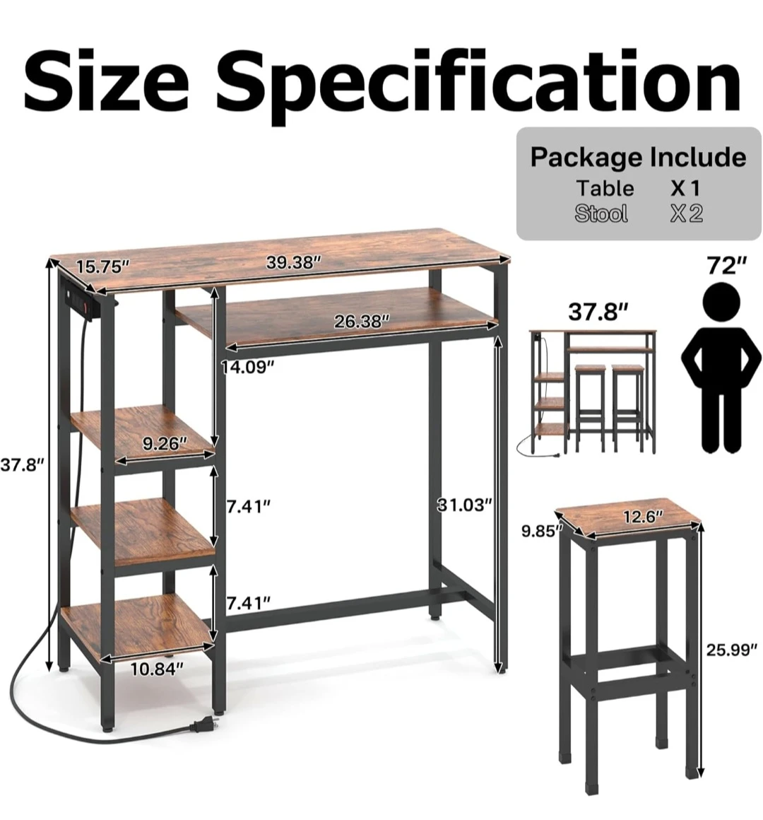 3-Piece Bar Table & Stools Set with Power Outlets – $75 - photo 2