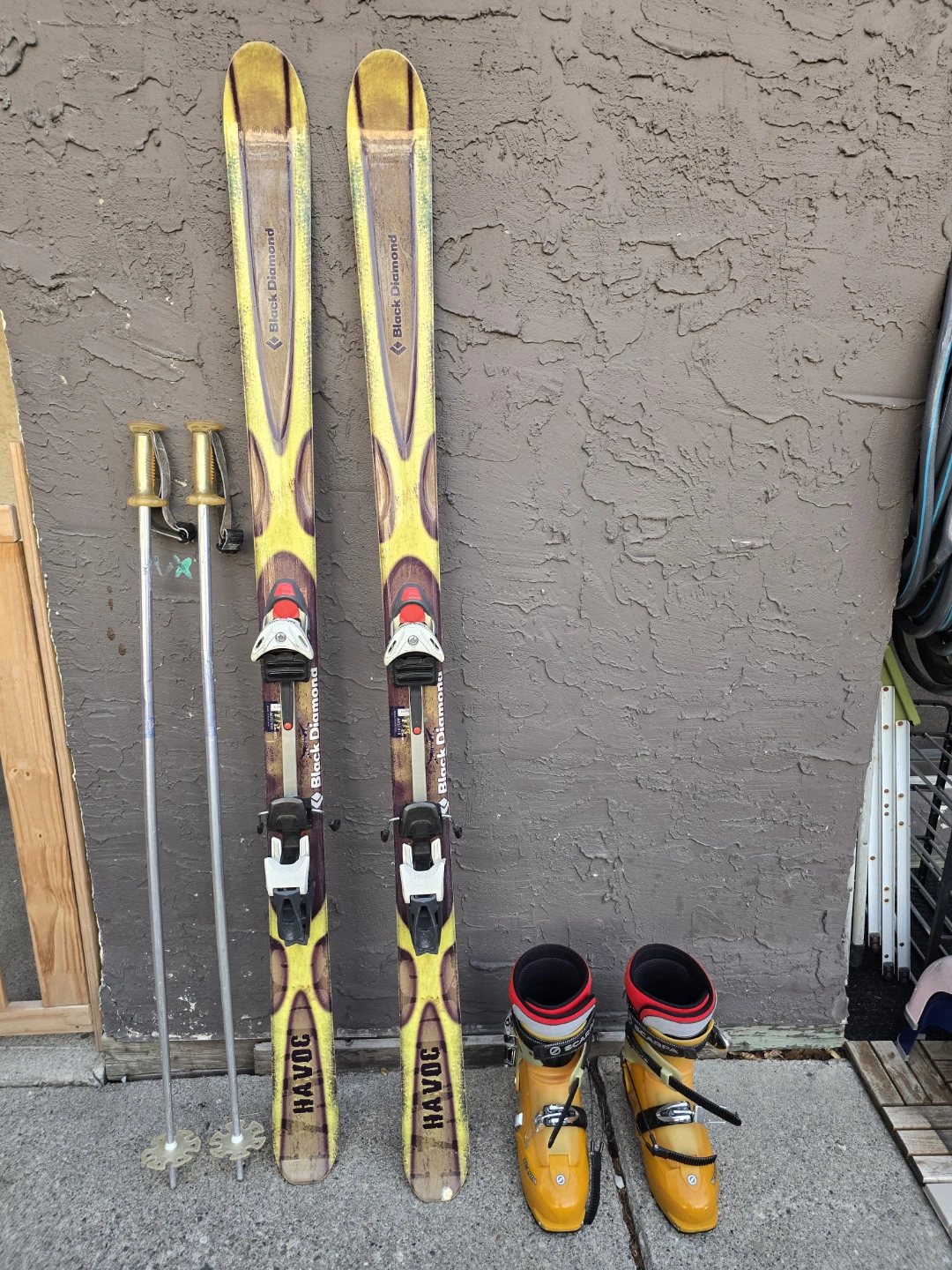 Ski board, ski poles, ski boots