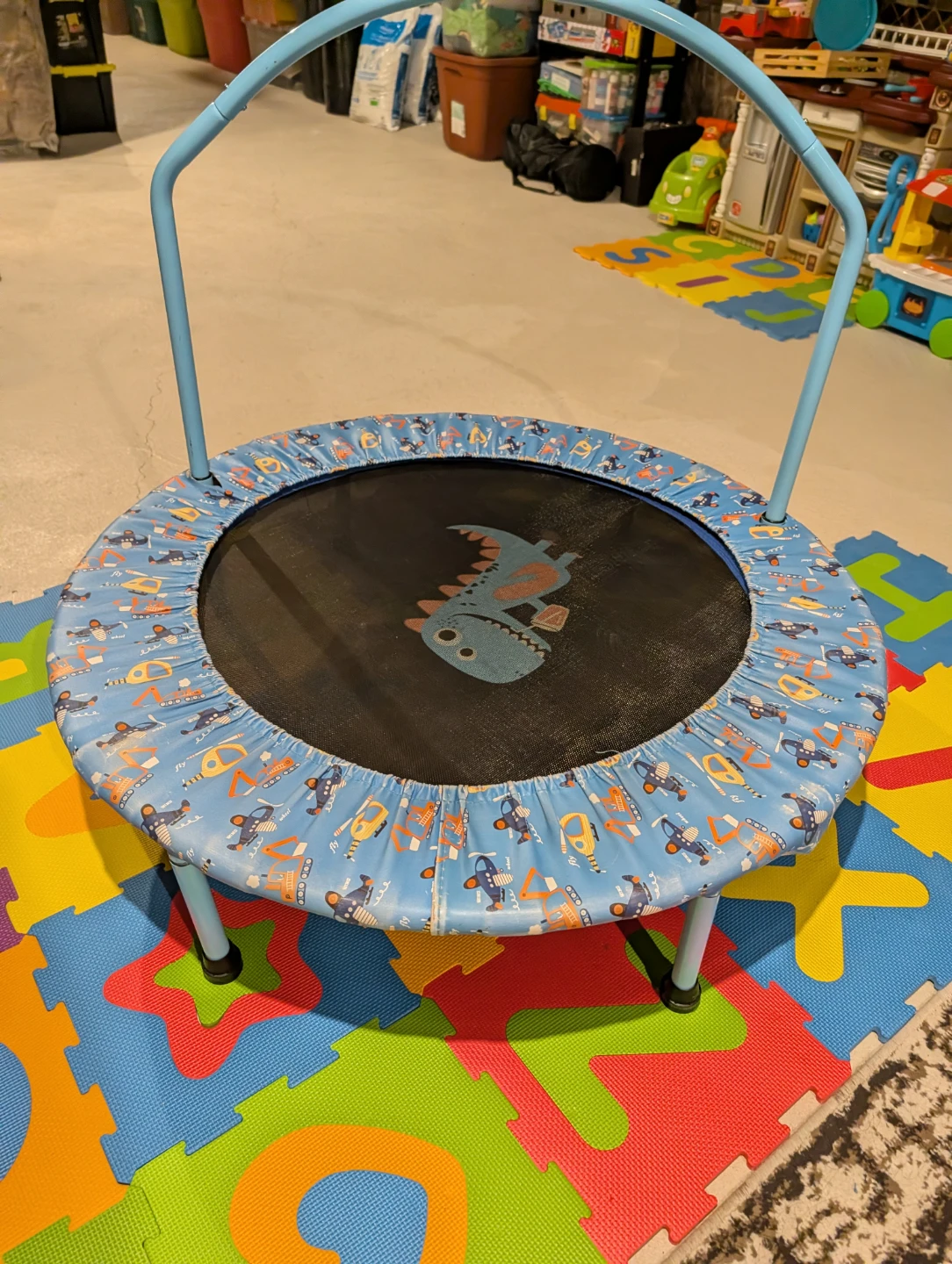 Blue Kids Trampoline with Dinosaur and Vehicle Print - photo 2