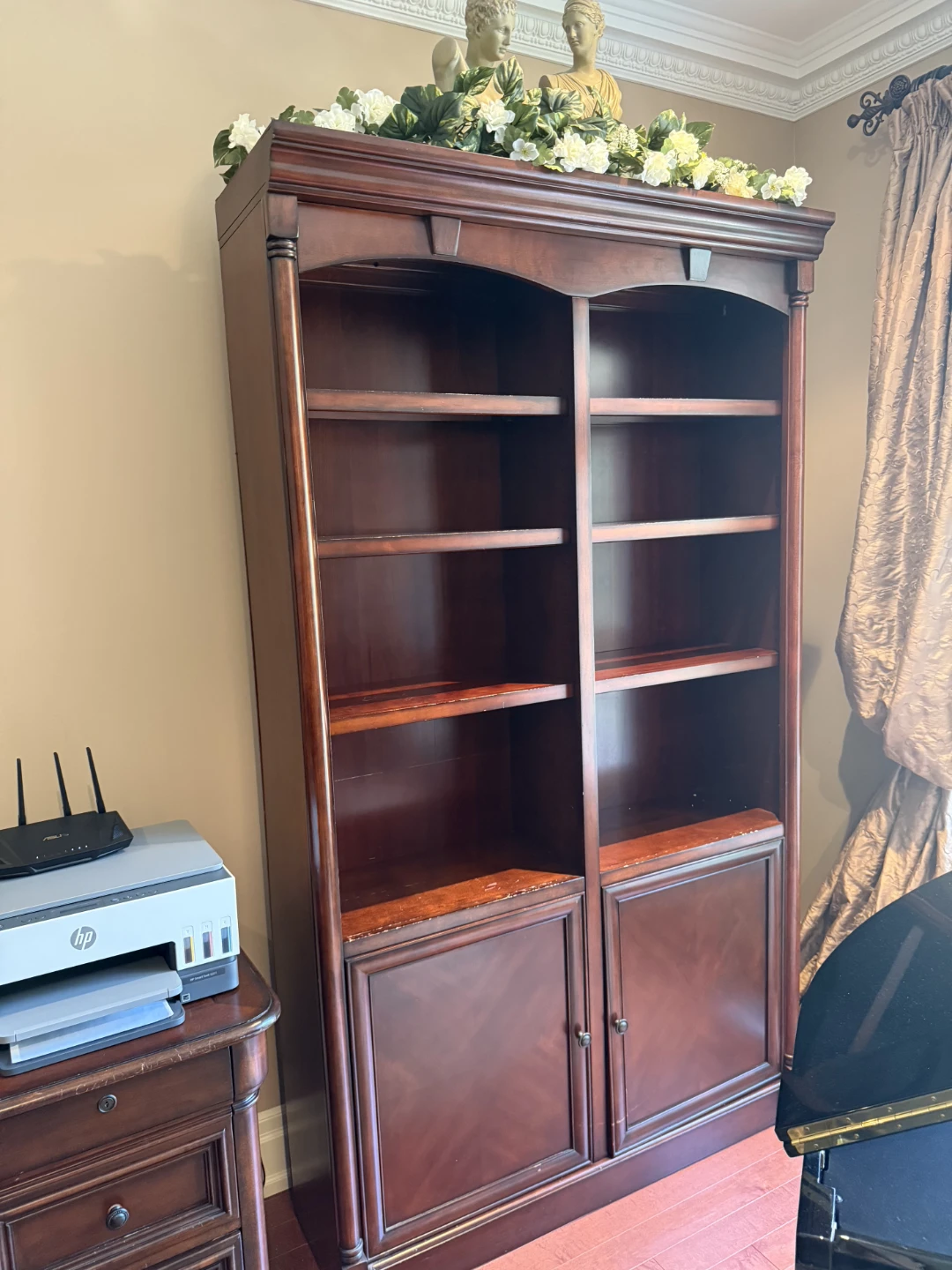 Dark Wood Bookshelf with Cabinet Doors