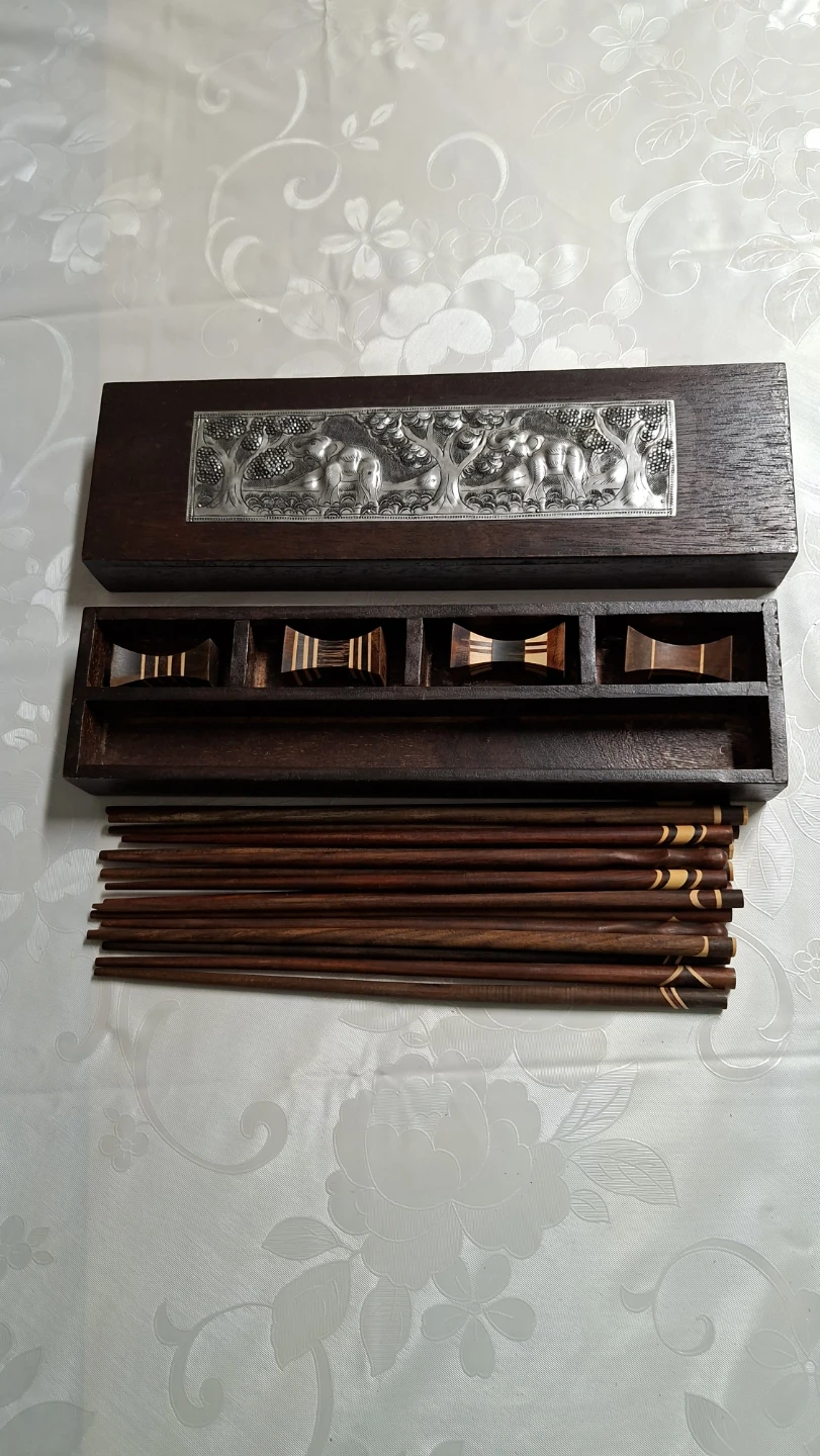 Wooden Chopstick Set with Decorative Carved Box
