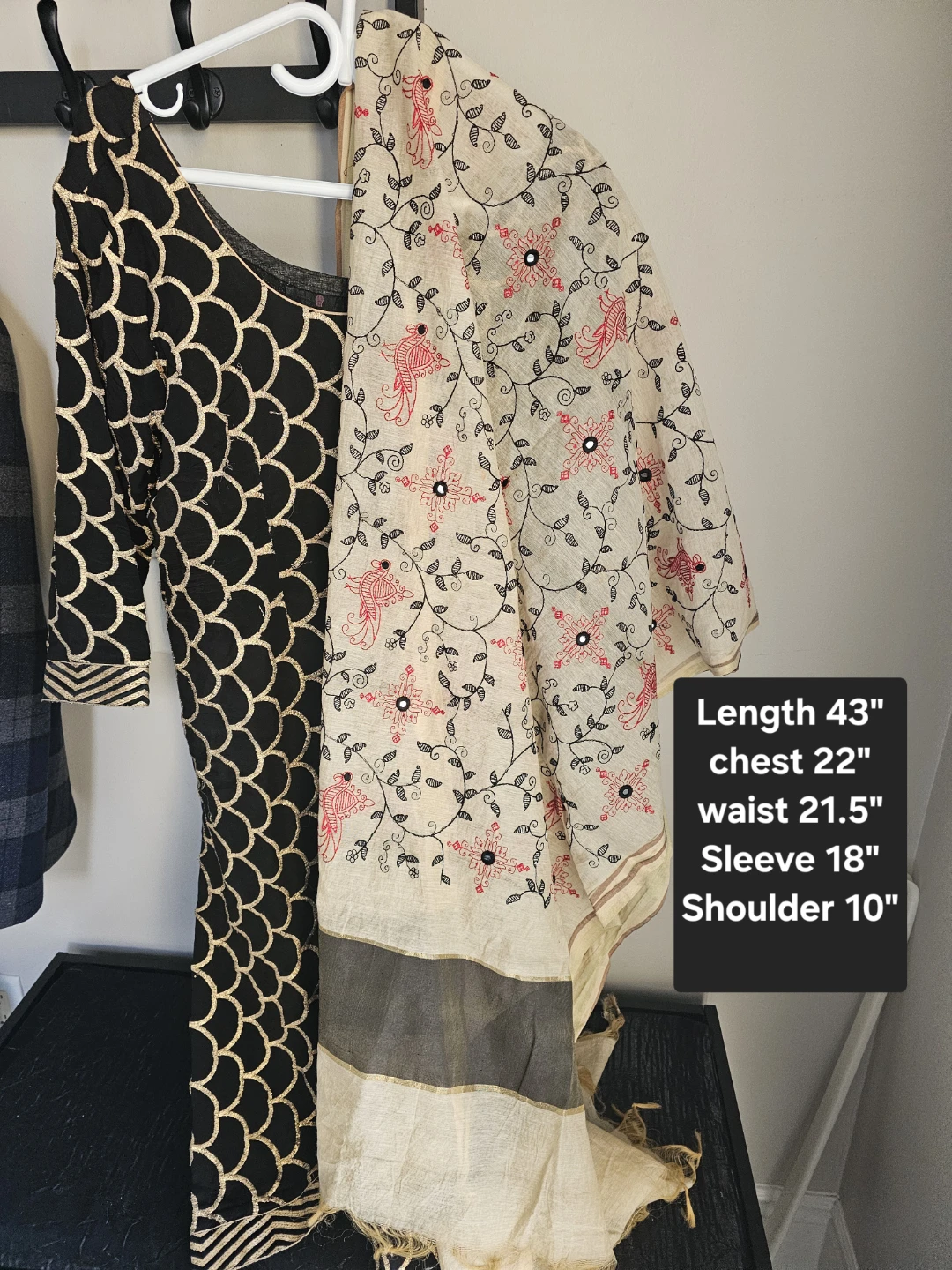 Black and Gold Patterned Kurti with Scarf