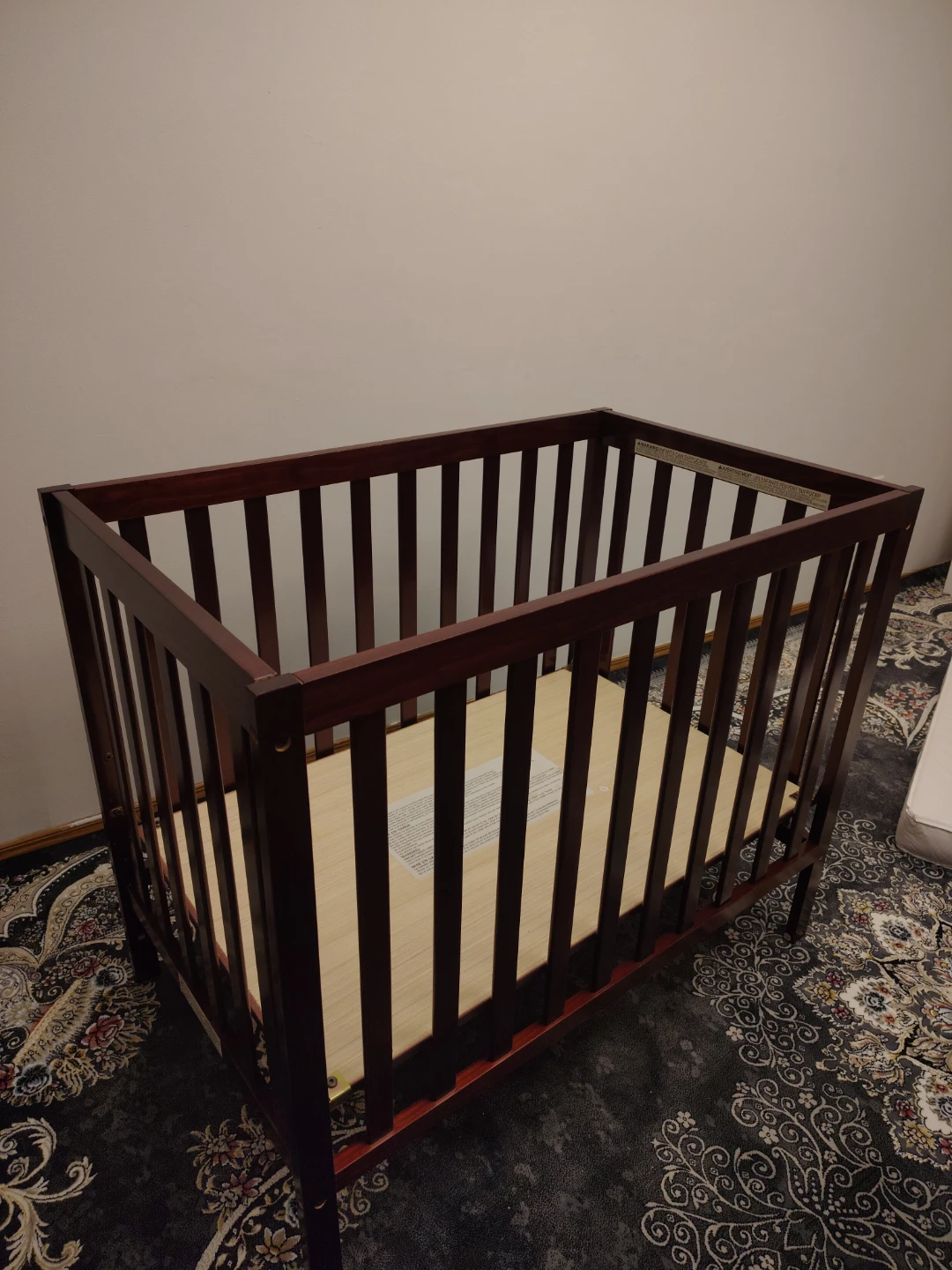 Dark Wood Baby Crib with Mattress and new not used