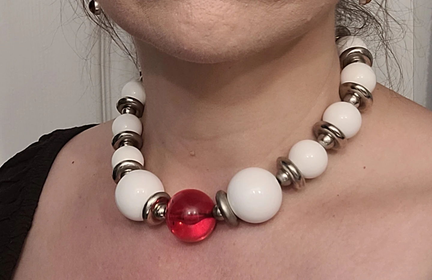 Vintage Necklace | White Lucite Beads & Red Acrylic Centre Bead