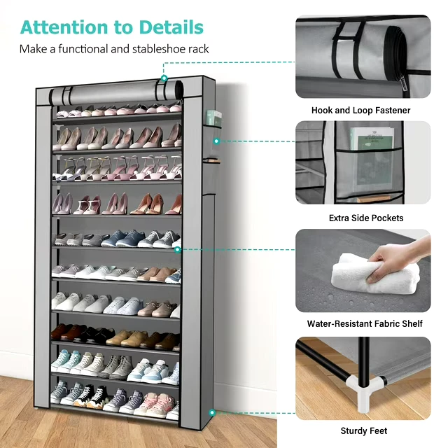 (BRAND NEW) 10-Tier Grey Fabric Shoe Rack with Cover - photo 4