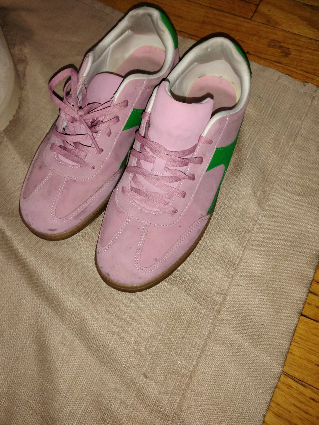 Pink Suede Sneakers with Green Accents