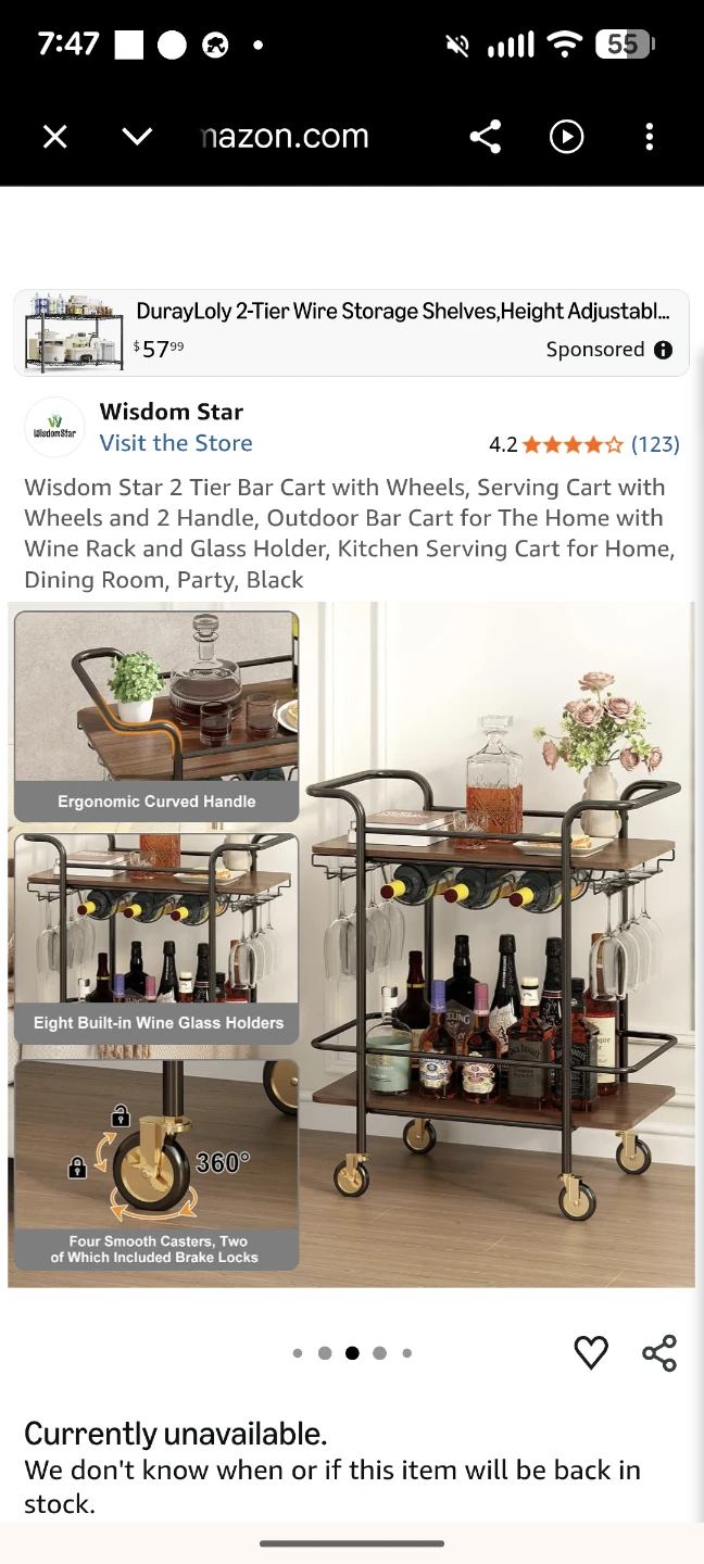 MOVING SALE: 2-Tier Bar Cart with Wheels - photo 2