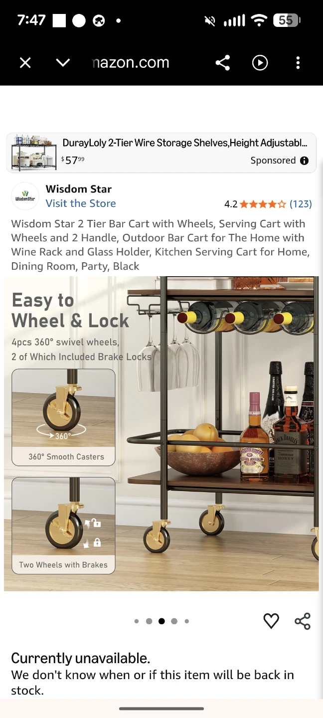 MOVING SALE: 2-Tier Bar Cart with Wheels - photo 4