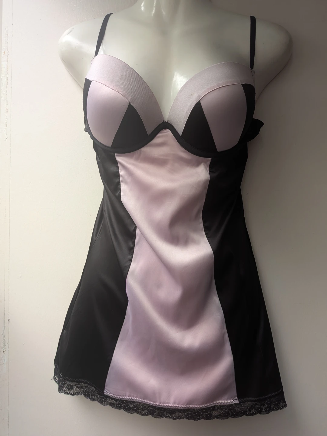 Black and Pink Satin Lace Trim Babydoll Lingerie