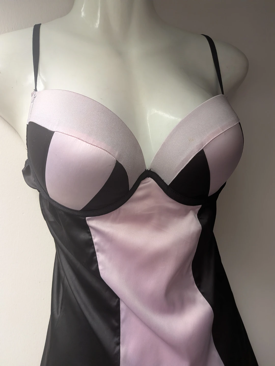 Black and Pink Satin Lace Trim Babydoll Lingerie - photo 2