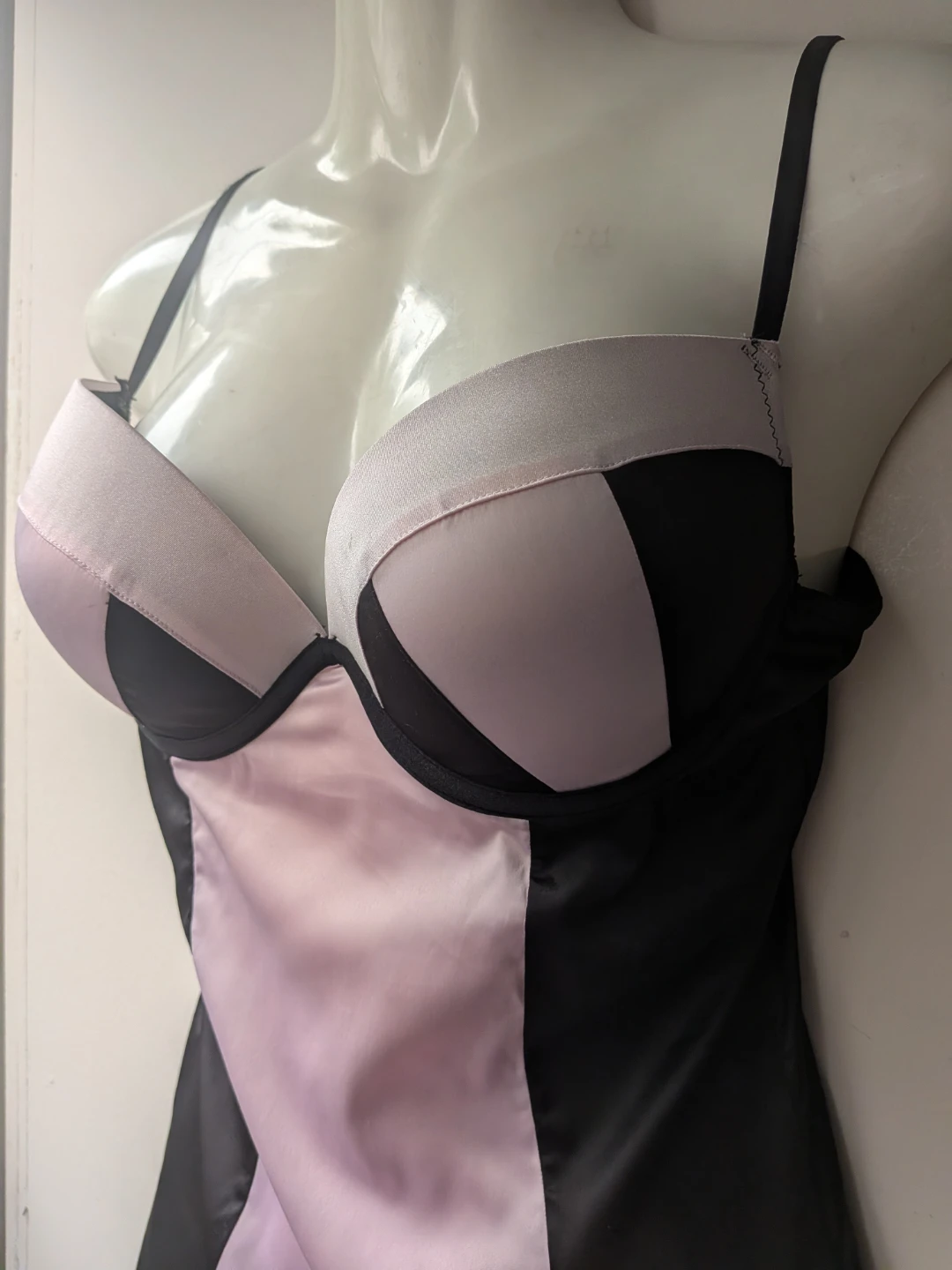 Black and Pink Satin Lace Trim Babydoll Lingerie - photo 3
