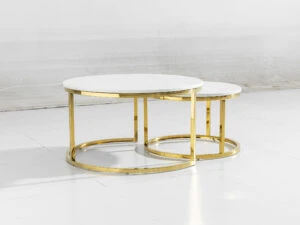 Set of 2 Round Nesting Coffee Tables - White Marble & Gold