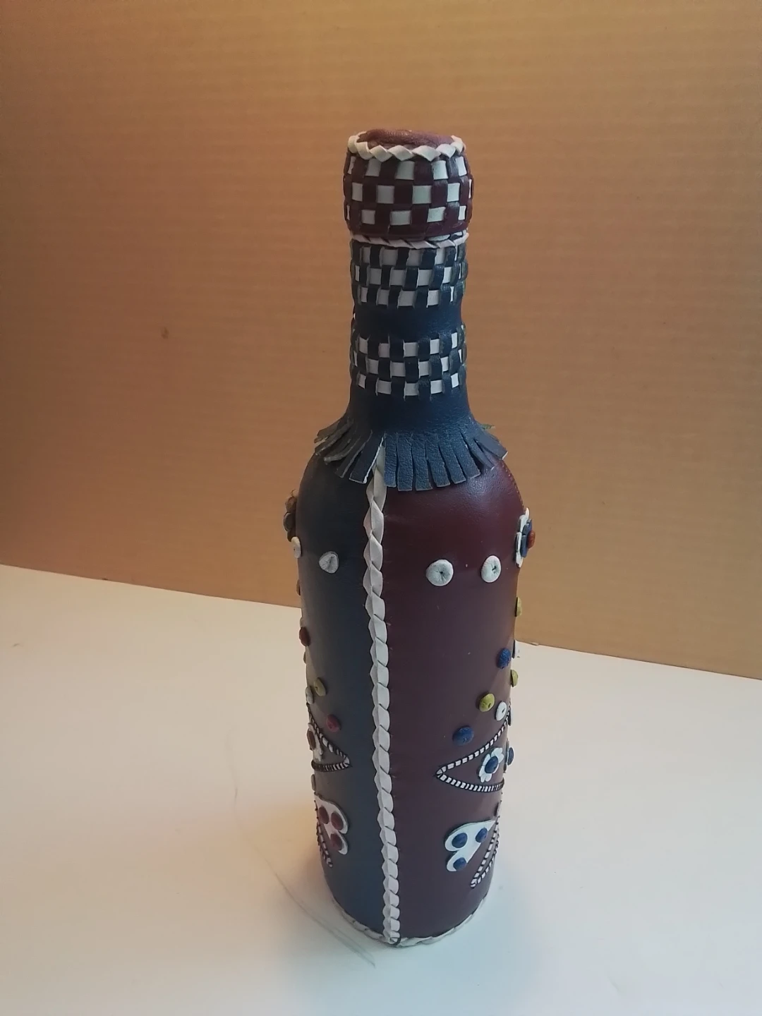 Vintage Yugoslavian Folk Art Leather-Wrapped Glass Decanter - photo 3