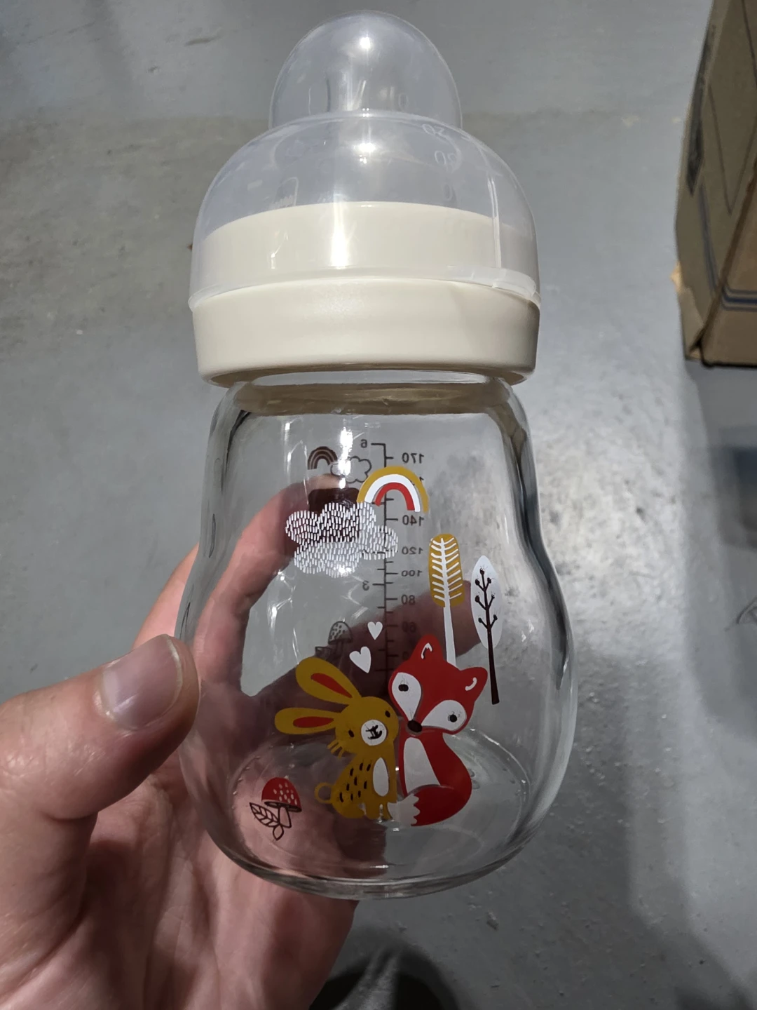 Glass Baby Bottle with Fox and Rabbit Design