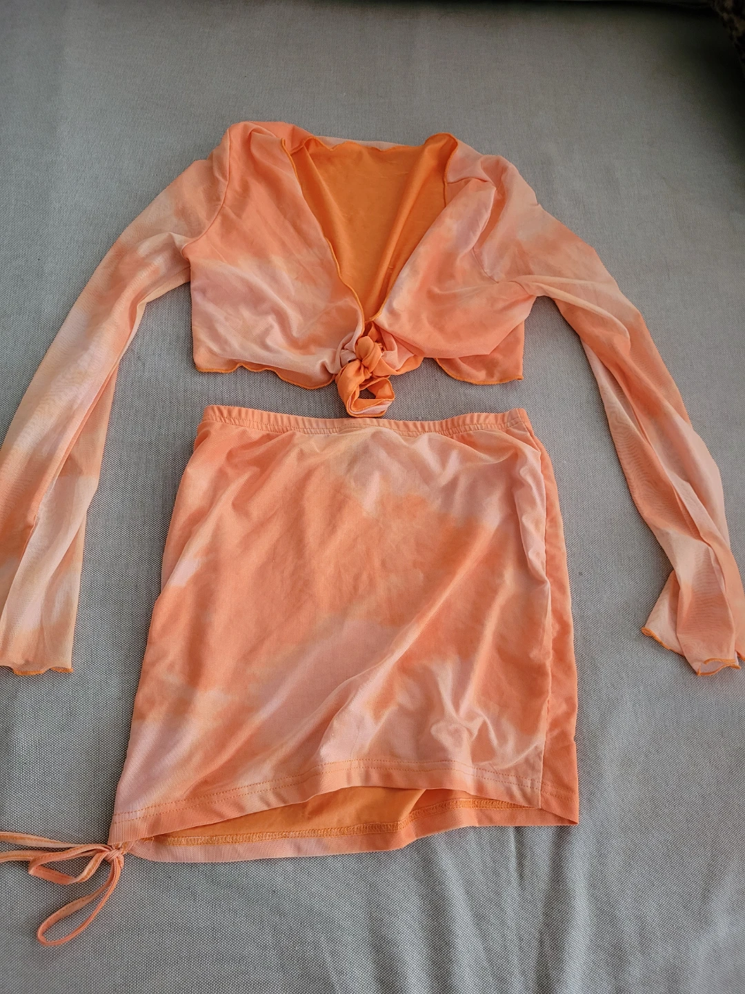 Sexy Orange Tie-Dye Mesh Crop Top and Skirt Set