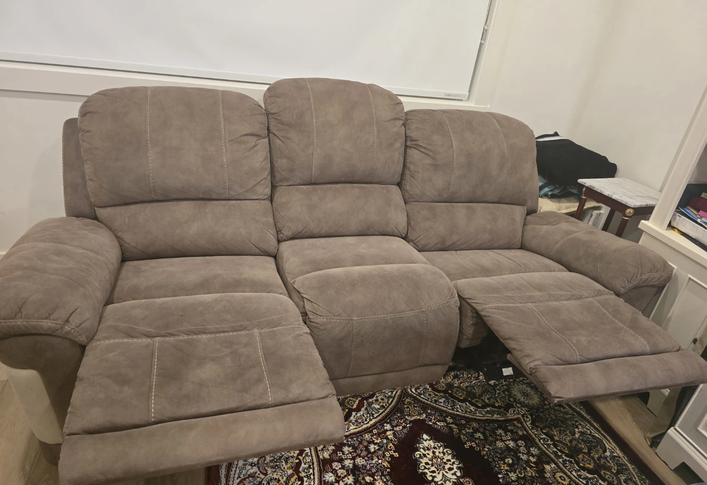 Barely Used Leather Suede Reclining Sofa Set - photo 2