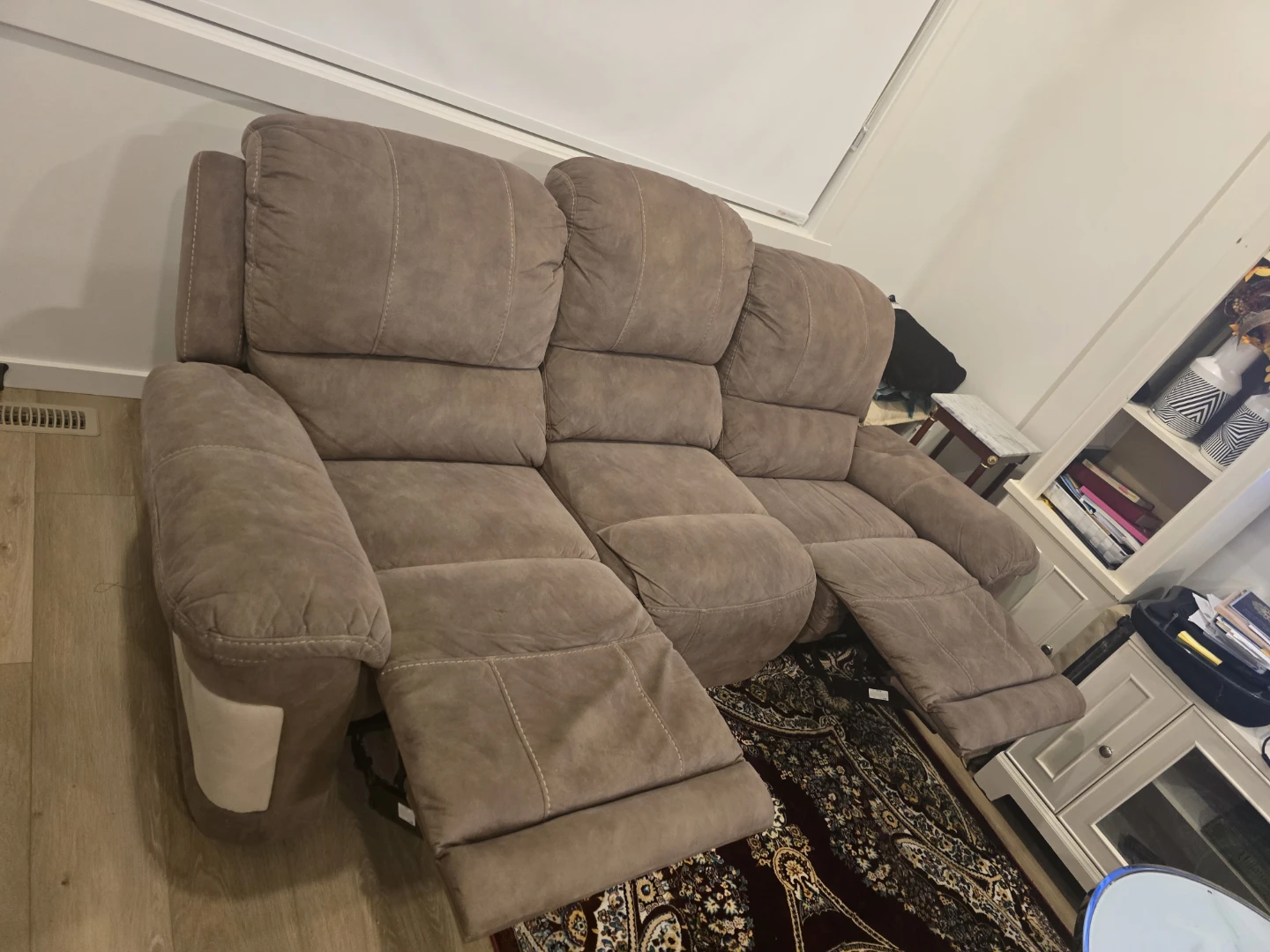 Barely Used Leather Suede Reclining Sofa Set - photo 4