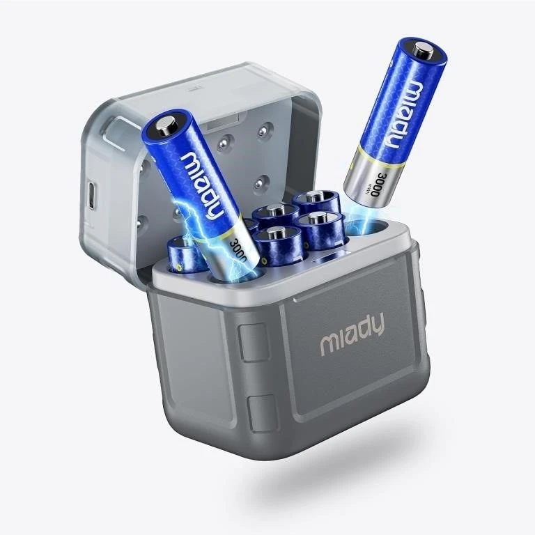 Miady Rechargeable Lithium AA Batteries 8 Pack charger