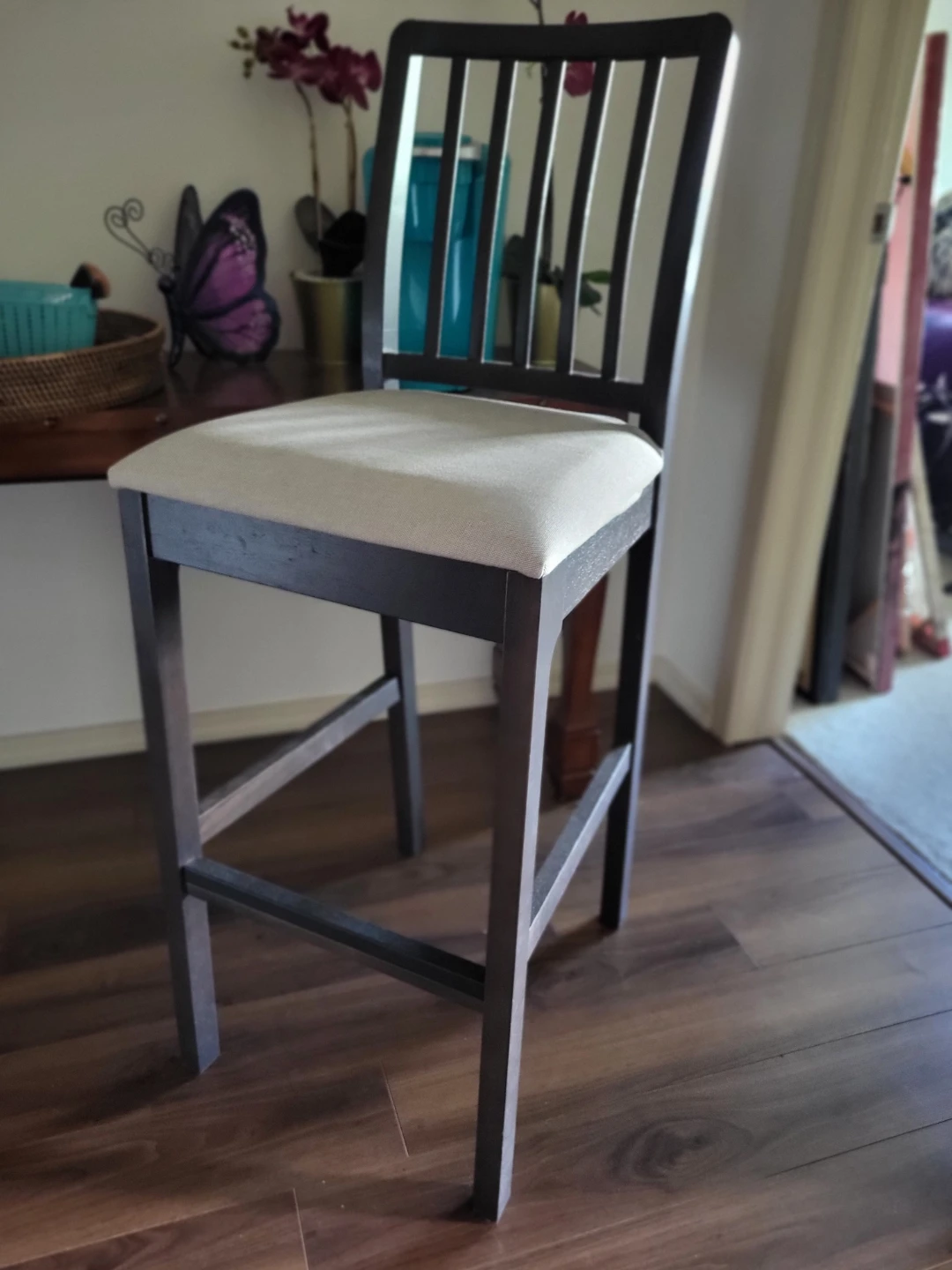Dark Wood Bar Stool with Padded Seat