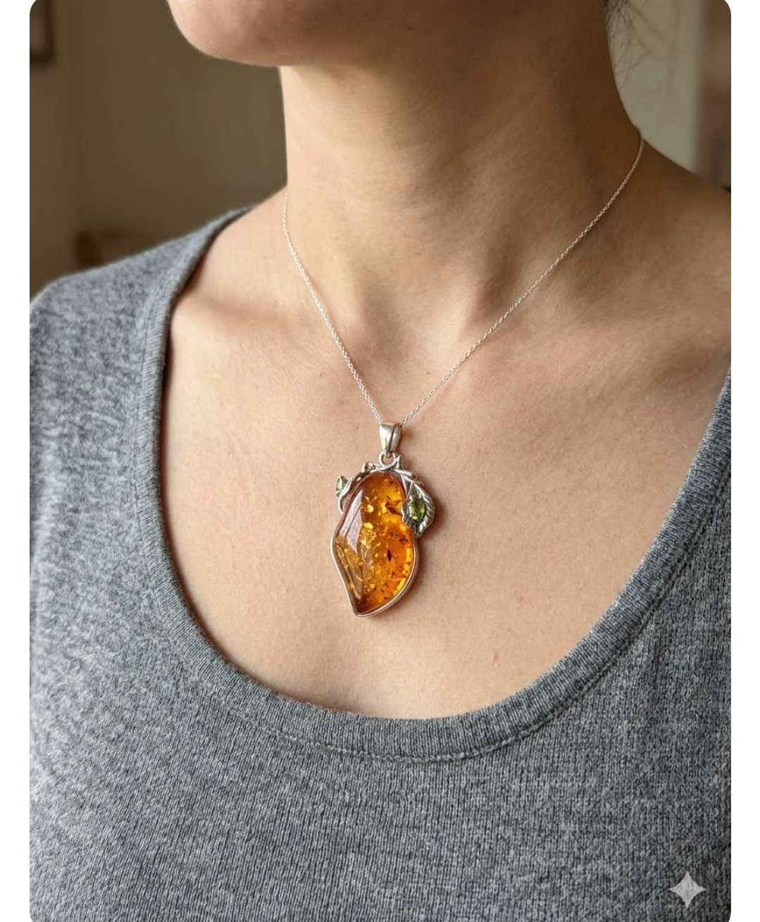 Amber and Silver Leaf Pendant Necklace