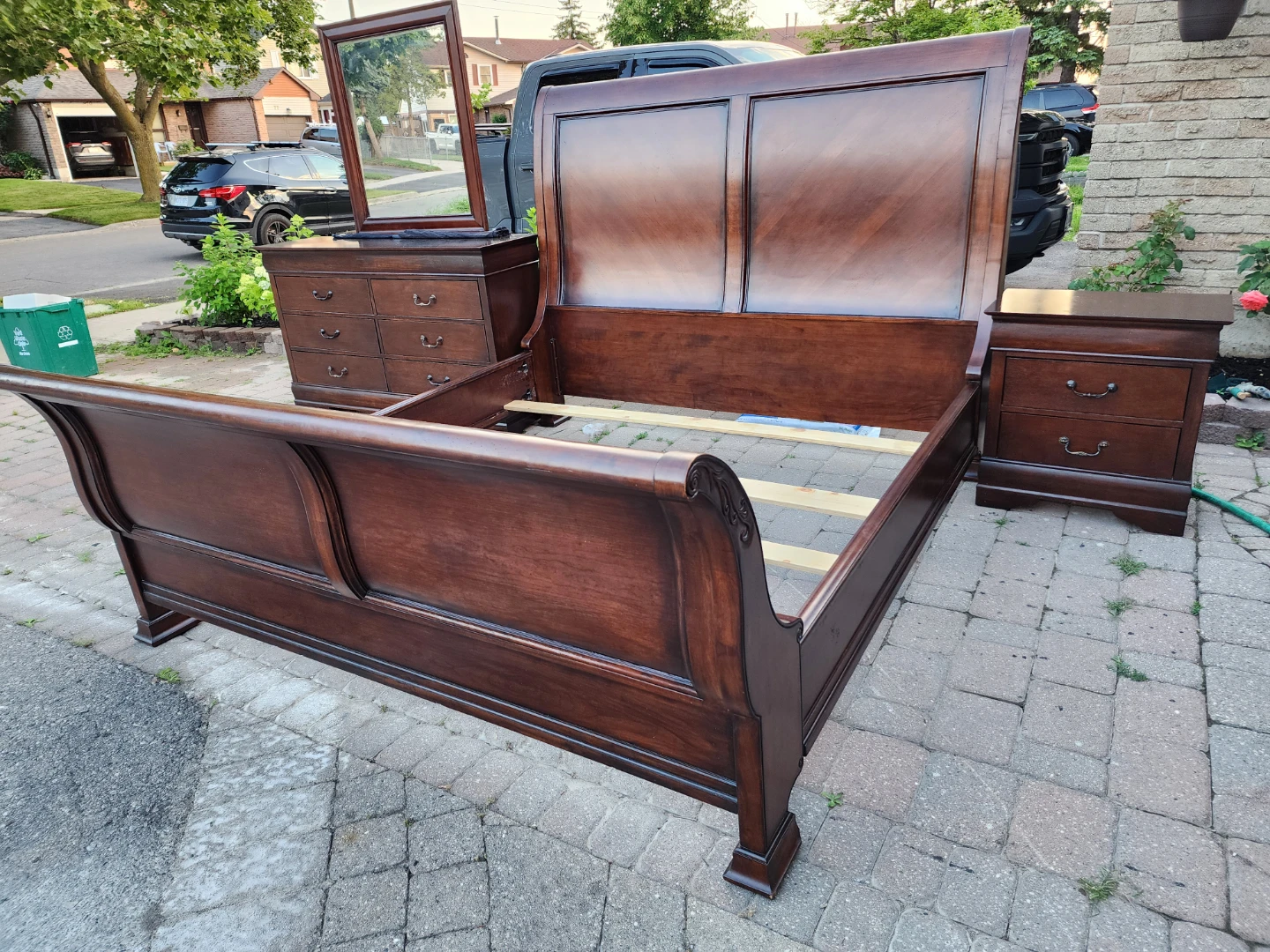 Dark Wood Sleigh Bed Frame with Dresser and Nightstand