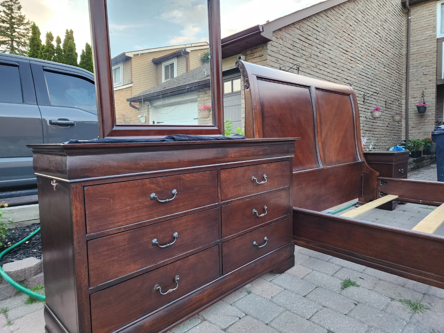 Dark Wood Sleigh Bed Frame with Dresser and Nightstand - photo 3