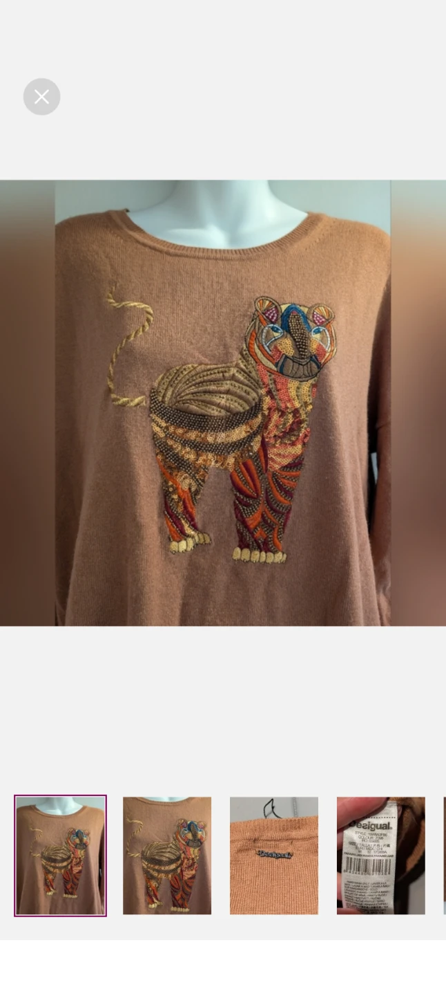 Desigual Women's Tan Tiger Embroidered Sweater Size M