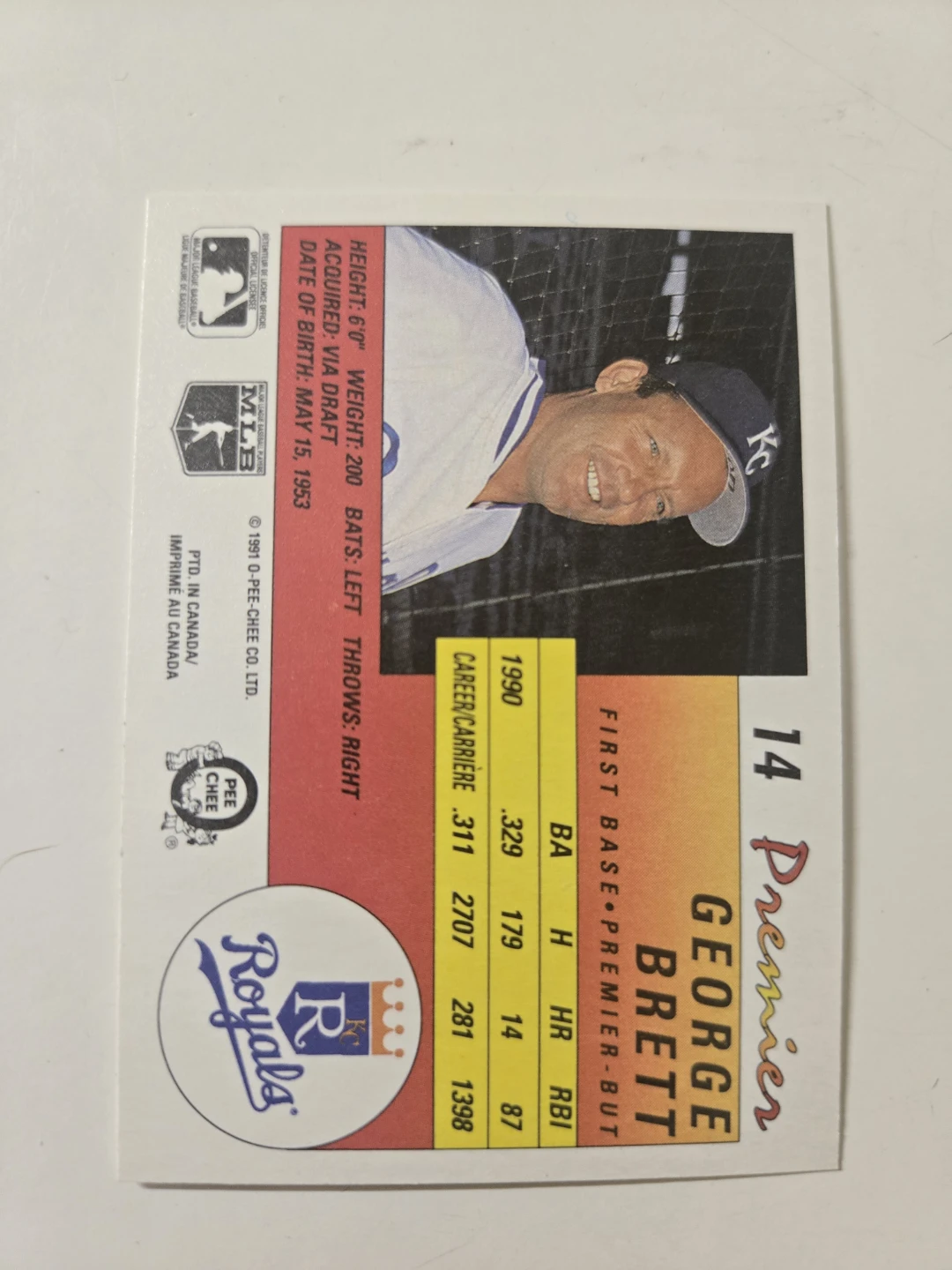 1991 O-Pee-Chee Premier George Brett Baseball Card - photo 2