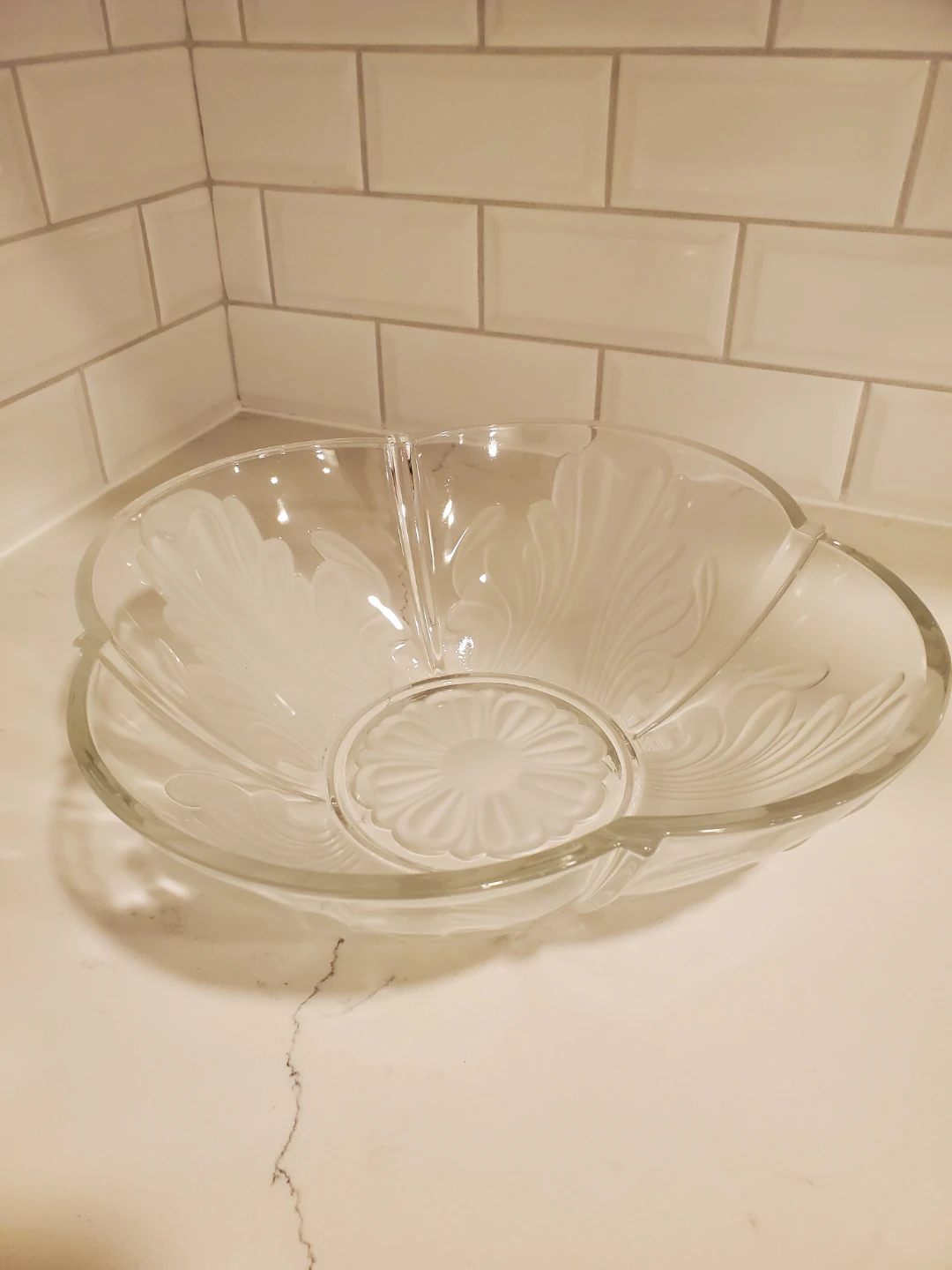 Beautiful serving bowl with frosted flower and leaves.