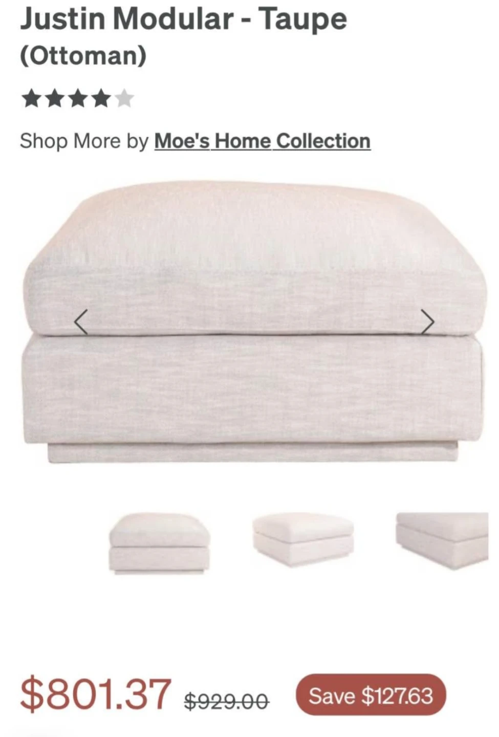 Moe's Home Collection Justin Modular Ottoman - Taupe