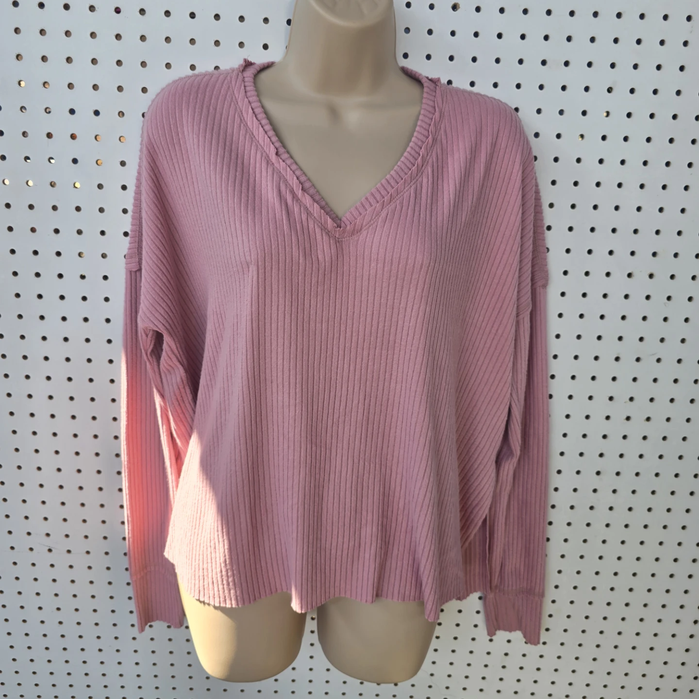 Pink Ribbed V-Neck Long Sleeve Top