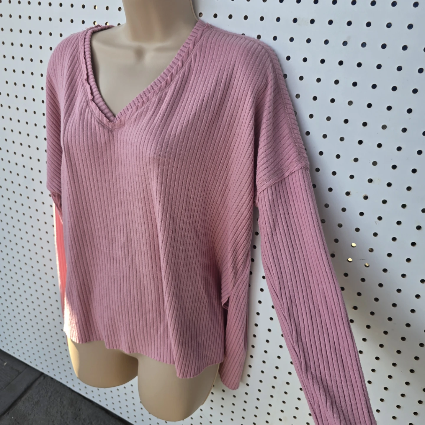 Pink Ribbed V-Neck Long Sleeve Top - photo 2
