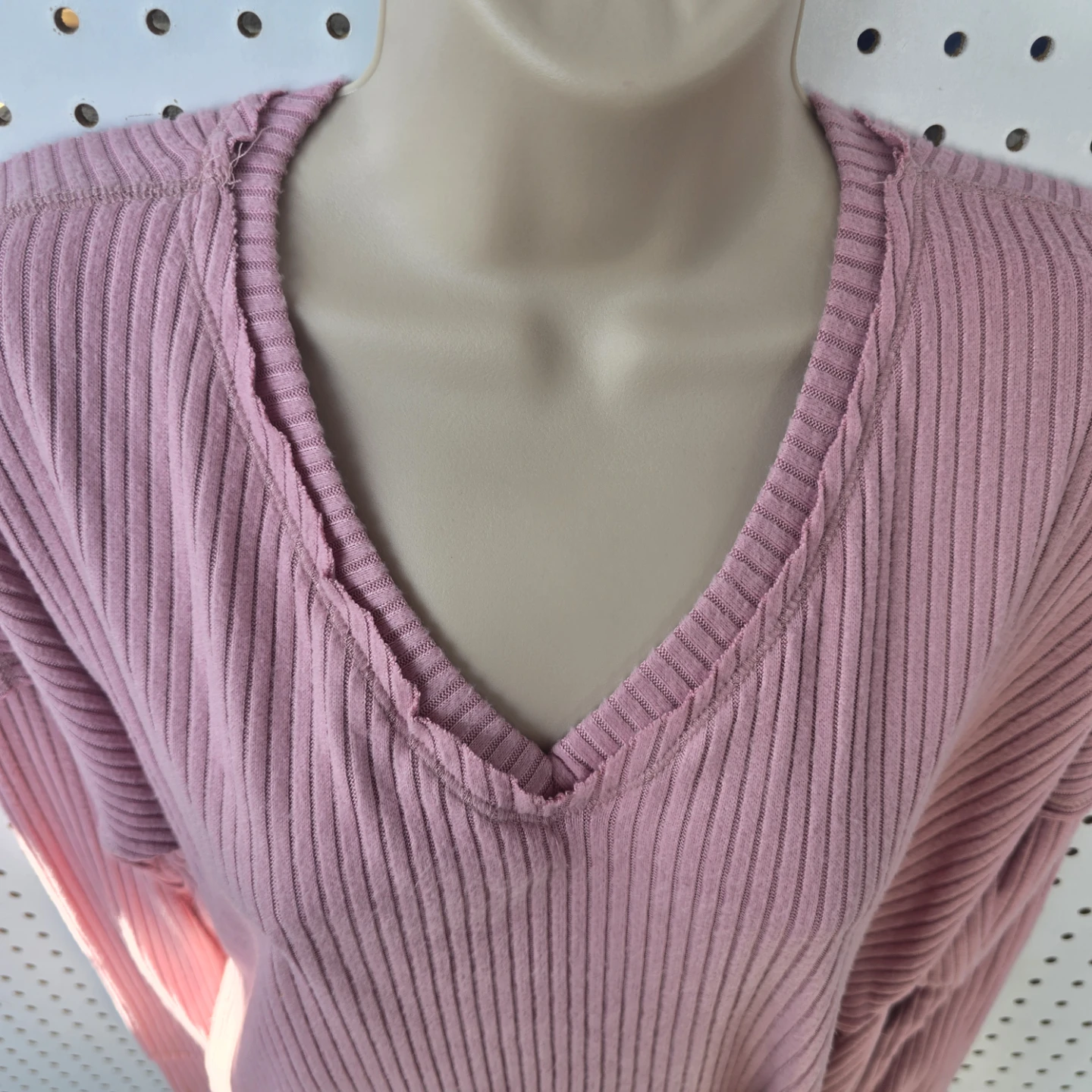 Pink Ribbed V-Neck Long Sleeve Top - photo 3