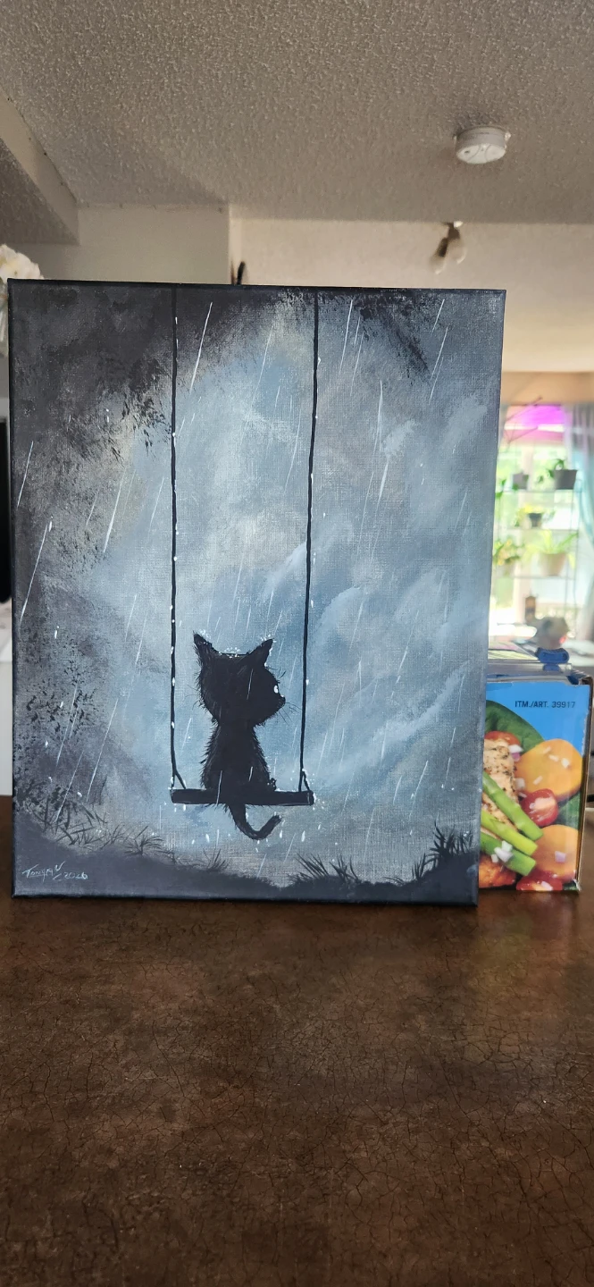 Waiting out the storm ... painting of a cat