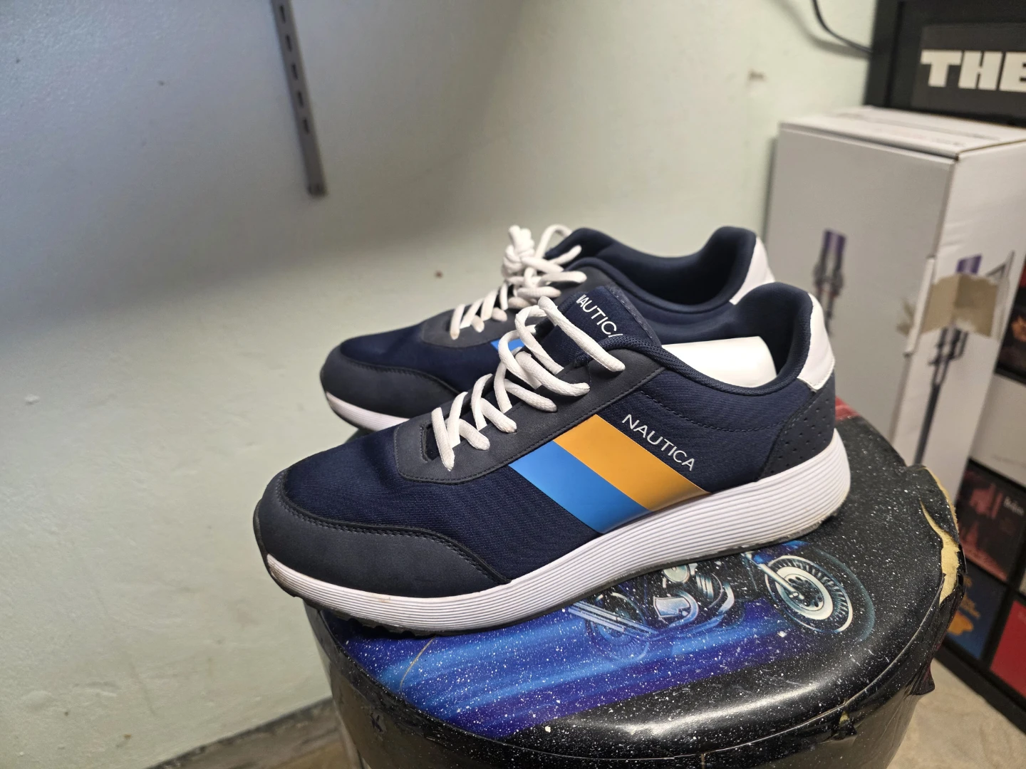 9.5 Nautica Navy Blue Sneakers with Orange and Blue Stripe