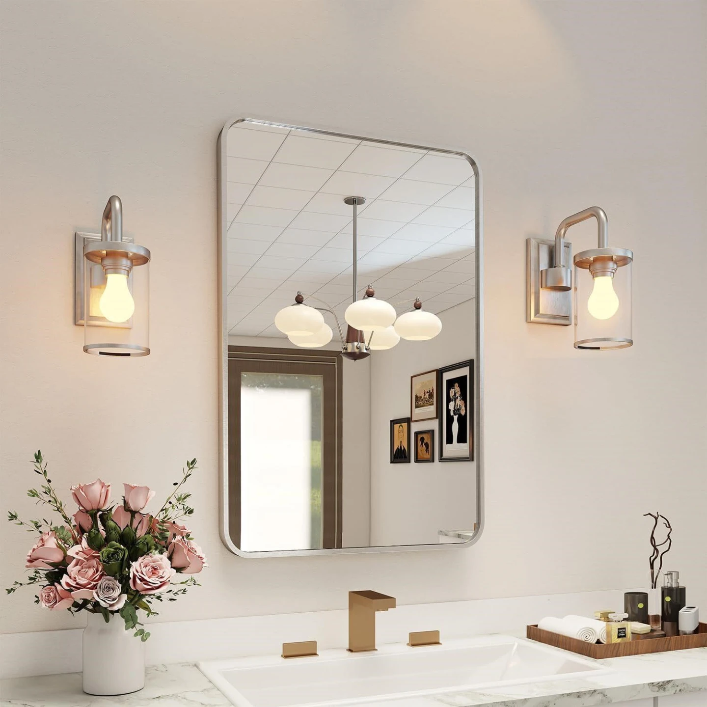 Rectangular Bathroom Mirror with Silver Frame