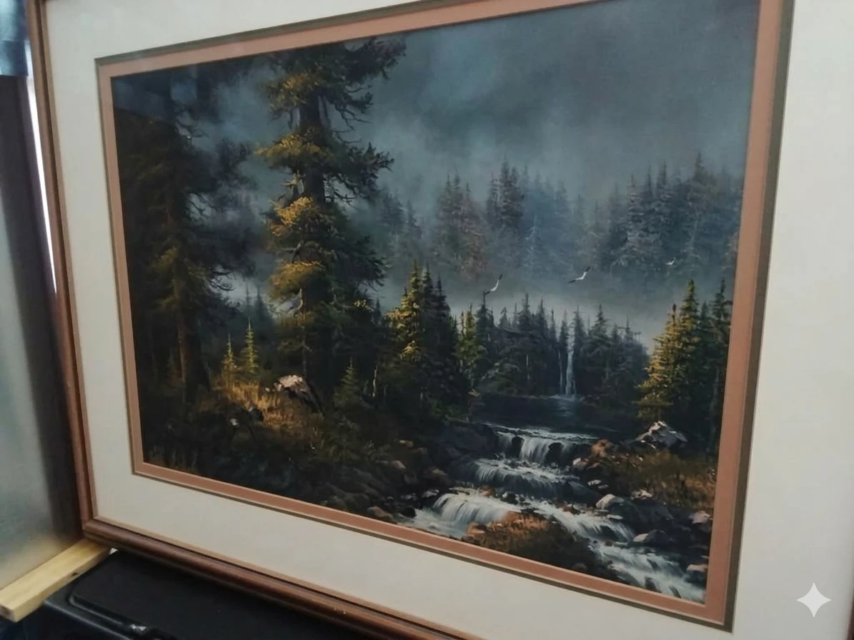 Framed Landscape Painting - Forest Waterfall Scene - photo 2