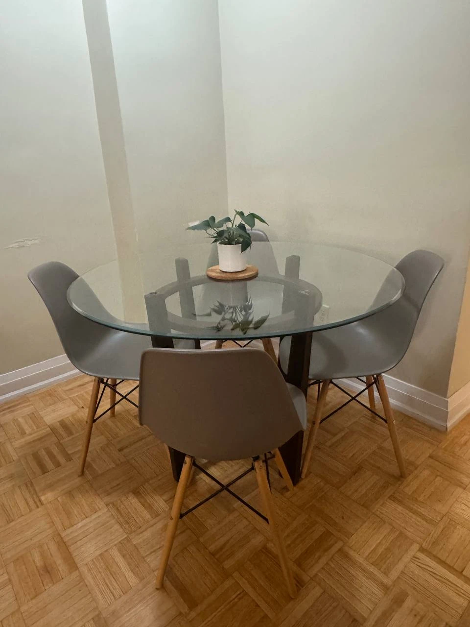 Glass Top Dining Table with 4 Grey Chairs