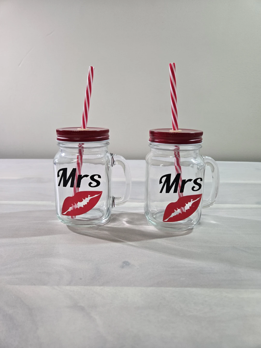 Set of 2 "Mrs" Mason Jar Mugs with Lids and Straws