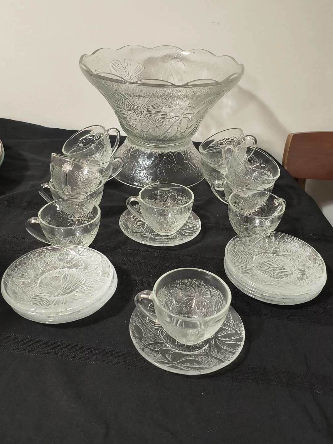 Clear Glass Punch Bowl and Cups Set with Floral Etching - photo 3
