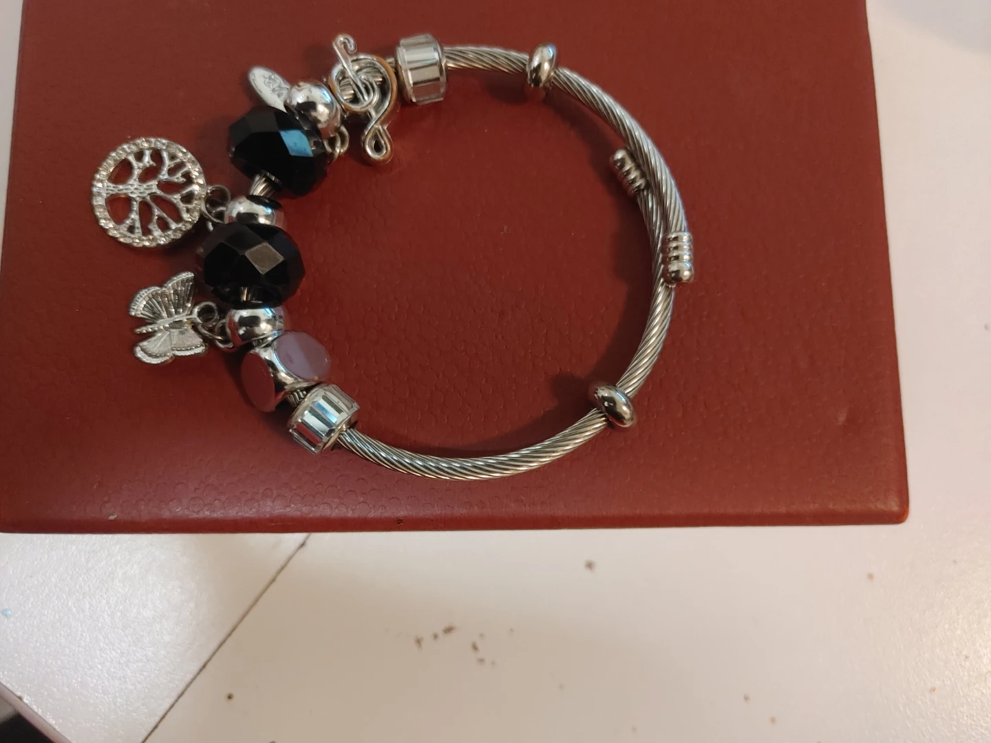 Silver Charm Bangle Bracelet with Black Beads