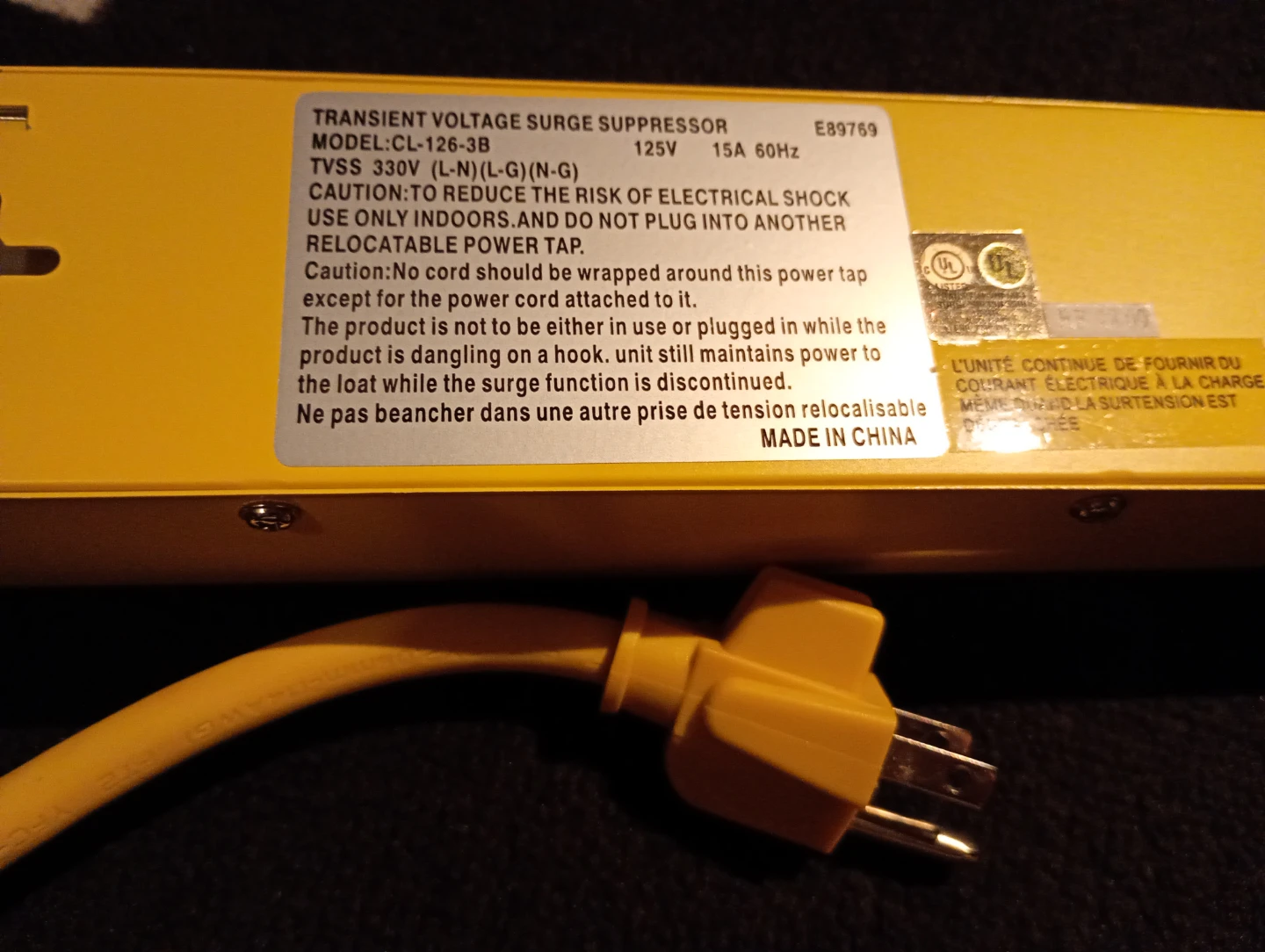 Yellow Transient Voltage Surge Suppressor Power Bar - photo 3