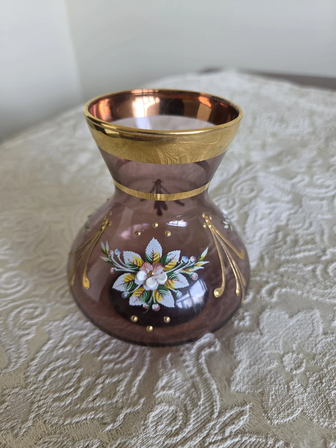 Vintage Hand-Painted Glass Vase with Gold Trim