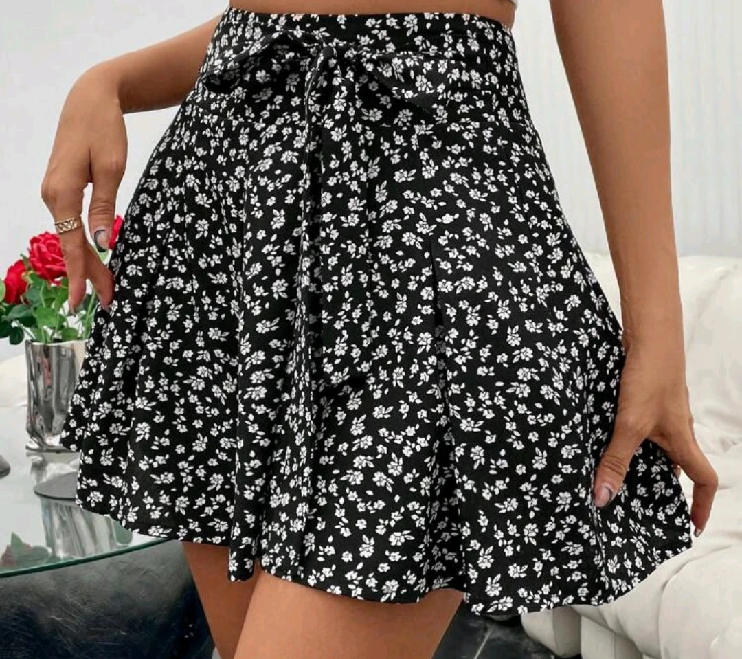 Black Floral Print Mini Skirt with Tie Waist