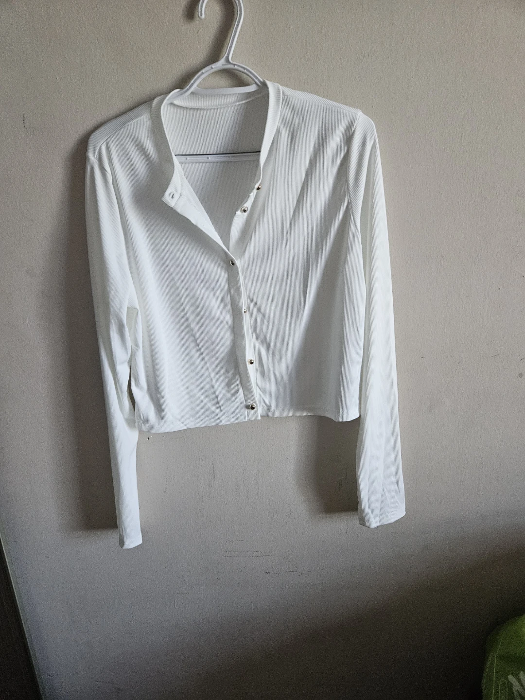 White Ribbed Button-Up Long Sleeve Shirt