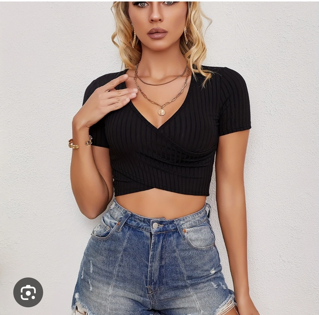 SHEIN Black Ribbed Wrap Crop Top
