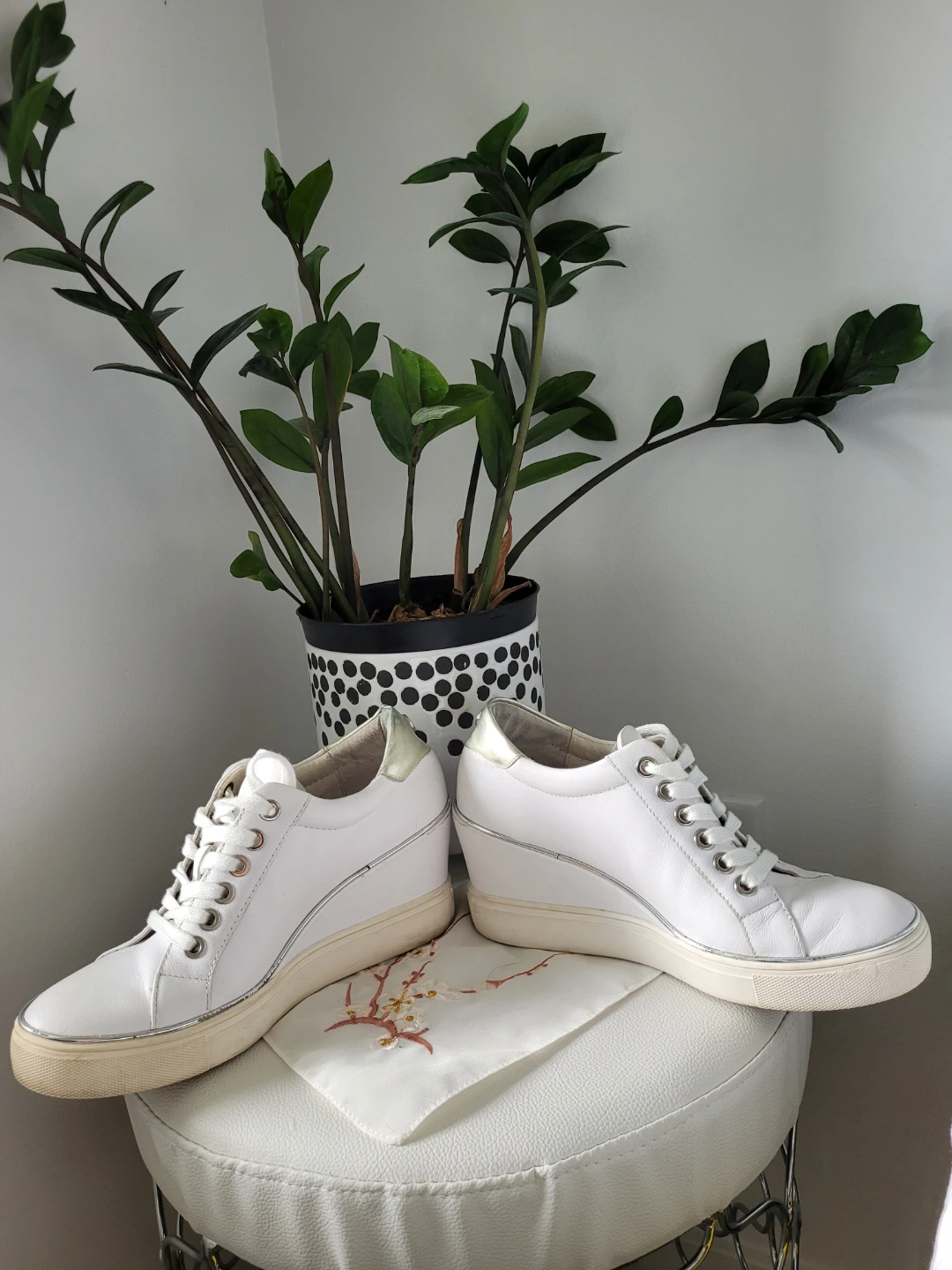 White Wedge Sneakers with Silver Accents - photo 2