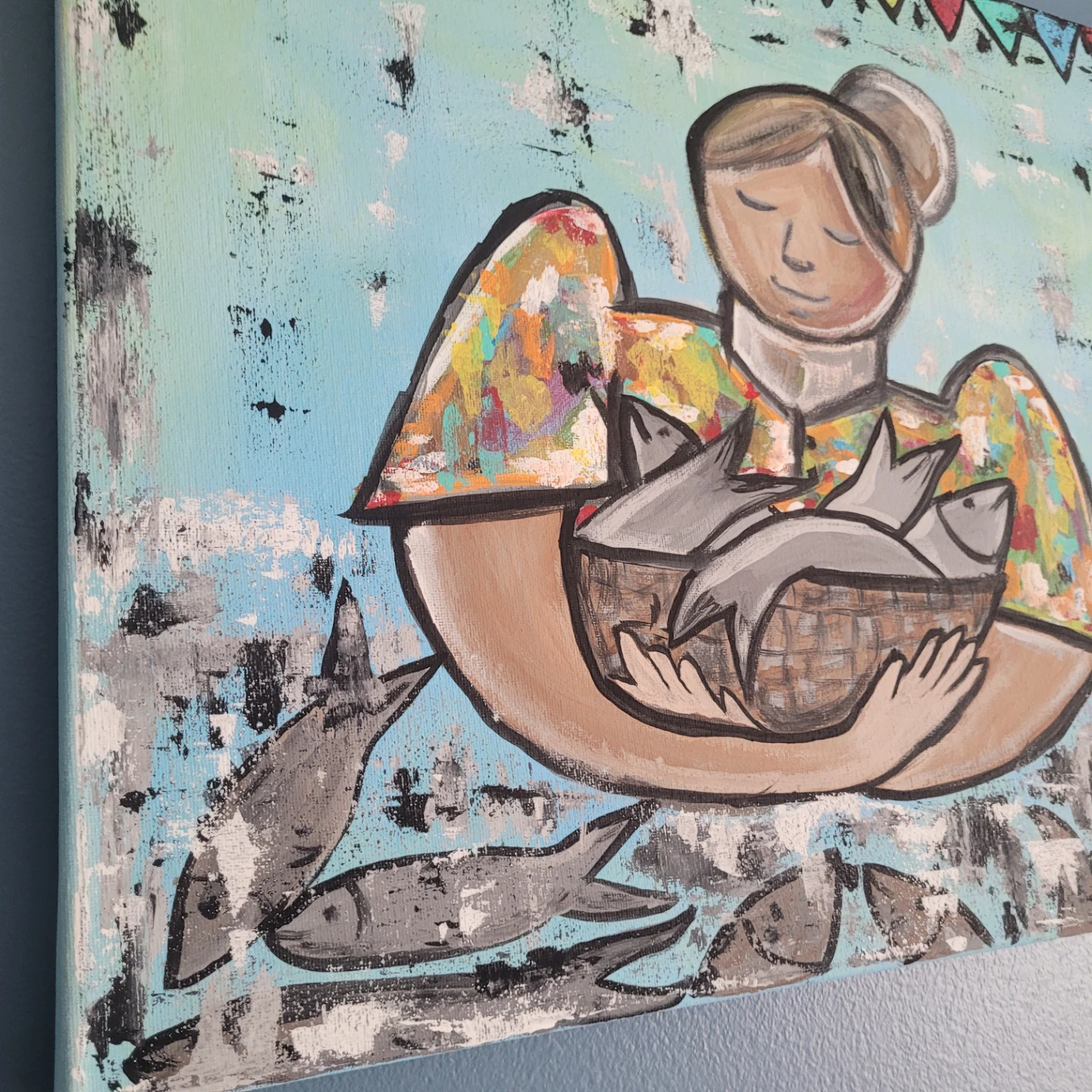 Original Painting by my Husband - Woman Holding Basket of Fish - photo 3