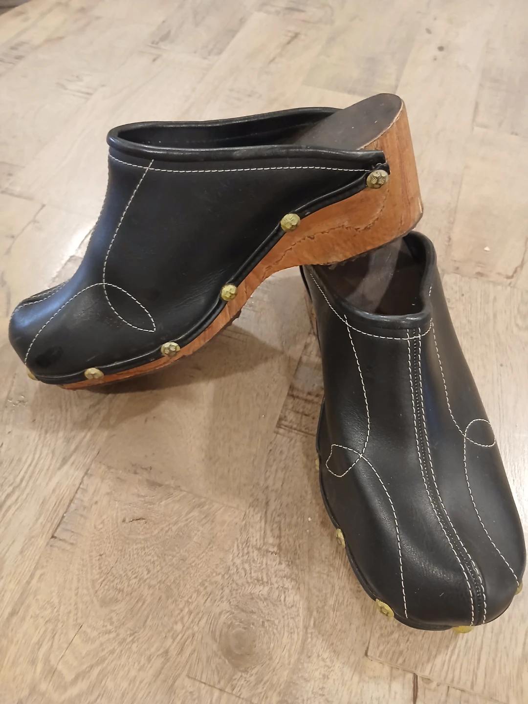 Black Leather Clogs with Wooden Heel Sz 41-43