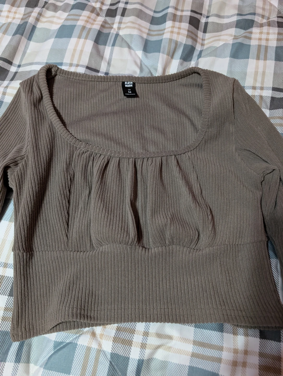Blush Mark Brown Ribbed Ruched Bust Long Sleeve Crop Top